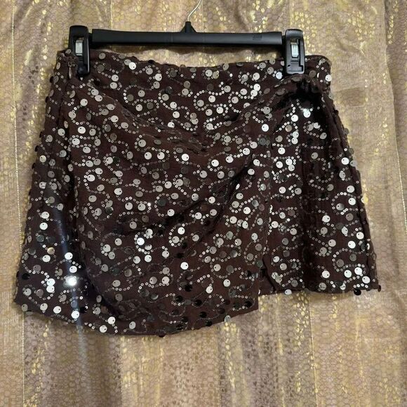 Emerson Lang Pants - Emerson Lang Brown Silver Sequin Shiny Mini Wrap Front Skort Small NWT